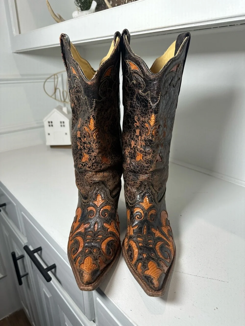 Corral Boots Lizard Inlay Cowboy Womens 8.5M Distressed Brown Leather Western - Picture 2 of 9
